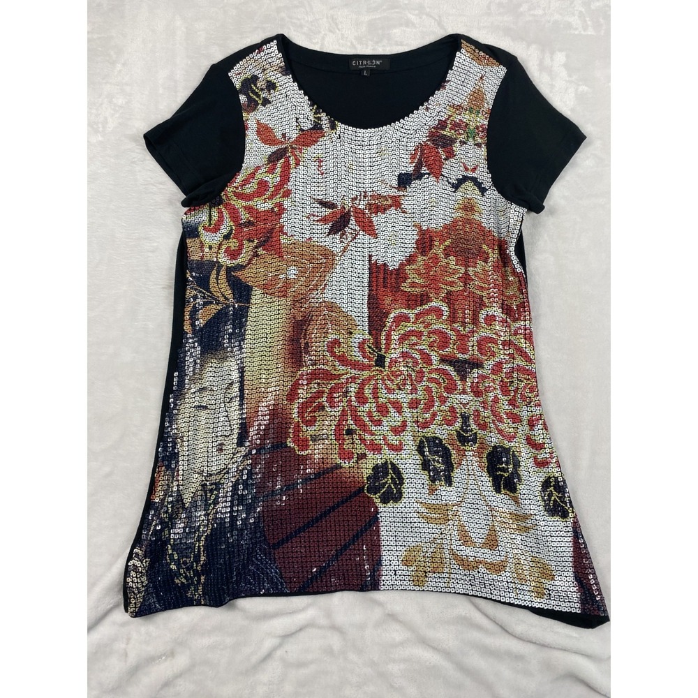 Citron Santa Monica Blouse Top Women Sz L Sequins Art to Wear Japan Design